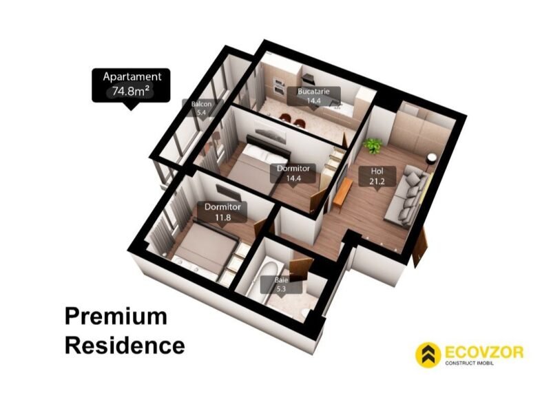 Poșta Veche, 2 camere + living, str. Iazului, 74,8 m²